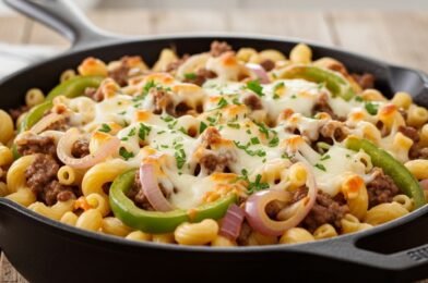 One-Pan Philly Cheesesteak Pasta Skillet (Cheesy, Beefy & Easy Weeknight Dinner)