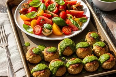 Sheet Pan Meatballs with Tomato Salad and Green Sauce – Easy, Fresh & Flavor-Packed Dinner